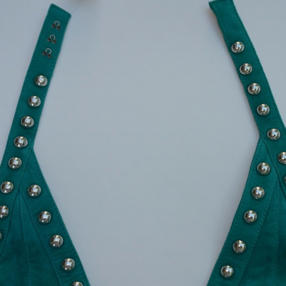 NWT X by NBD Nomi Green Suede Studded Halter Mini Dress Open Back Fringe Size XS - Picture 11 of 12